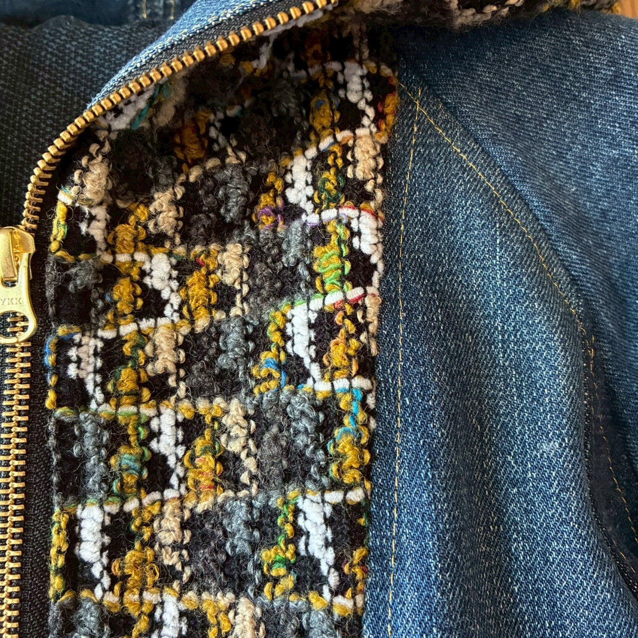 zivun × roi Cropped Denim Full-Zip Hoodie | Tweed Patchwork | Women’s Remake | OLD FLIP