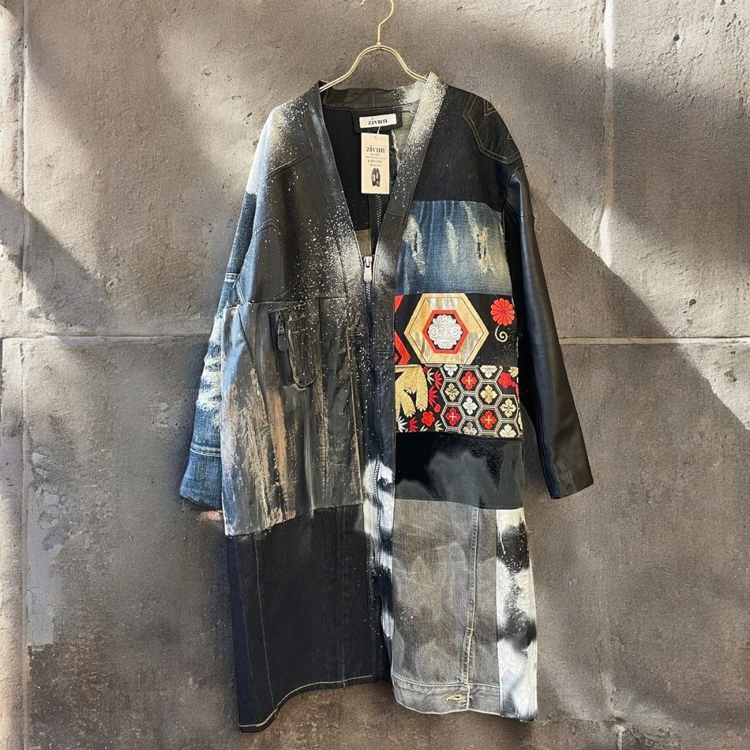 レザーコート ロングコート レディース メンズ ユニセックス 再構築 リメイク デニム ダメージ 帯 ペイント Ao Miyasaka recollect有明ガーデン店