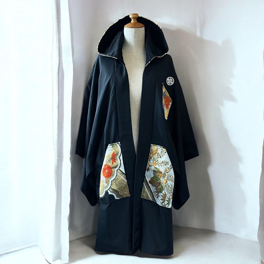Hoodie Parka Kimono Obi Zip Women's Men's Oversized Remake Kimono Long Hoodie Black Recollect Ariake Garden Store