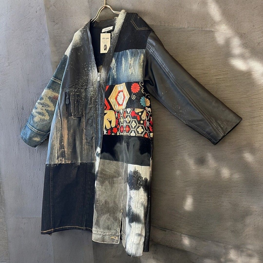 レザーコート ロングコート レディース メンズ ユニセックス 再構築 リメイク デニム ダメージ 帯 ペイント Ao Miyasaka recollect有明ガーデン店