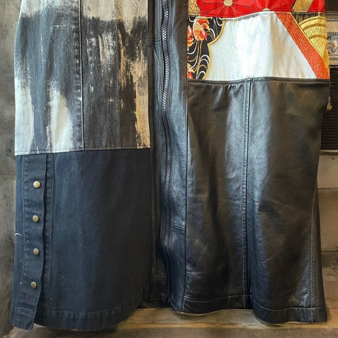 Leather coat, long coat, women's, men's, unisex, reconstructed, remade, denim, distressed, obi, paint, Ao Miyasaka recollect Ariake Garden store
