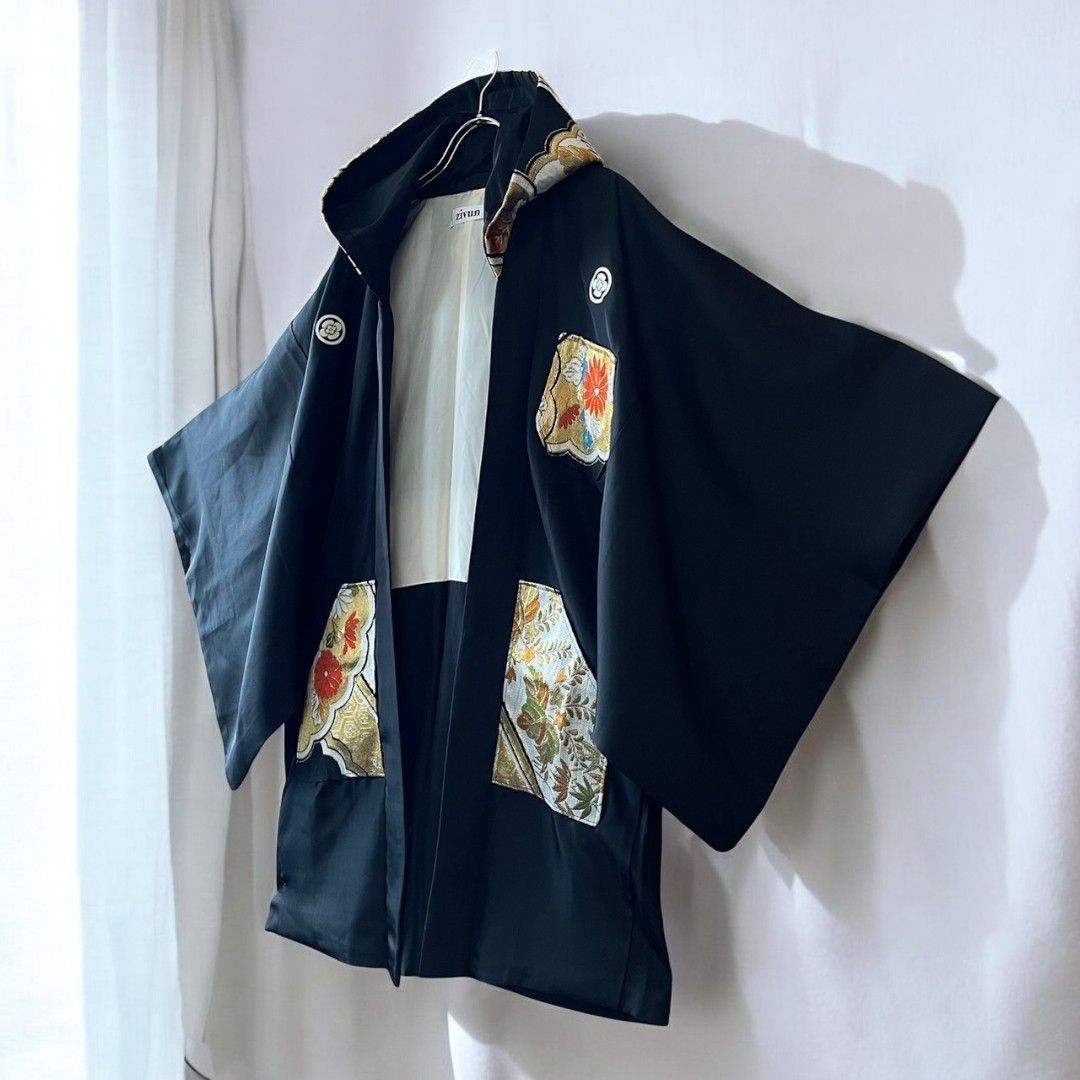 Hoodie Parka Kimono Obi Zip Women's Men's Oversized Remake Kimono Long Hoodie Black Recollect Ariake Garden Store