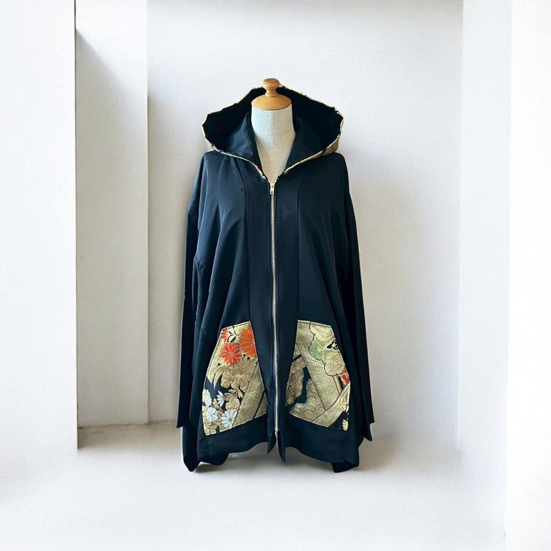 着物フーディ パーカー 帯 黒留袖 リメイク remake メンズ レディース recollect有明ガーデン店 NO.0004
