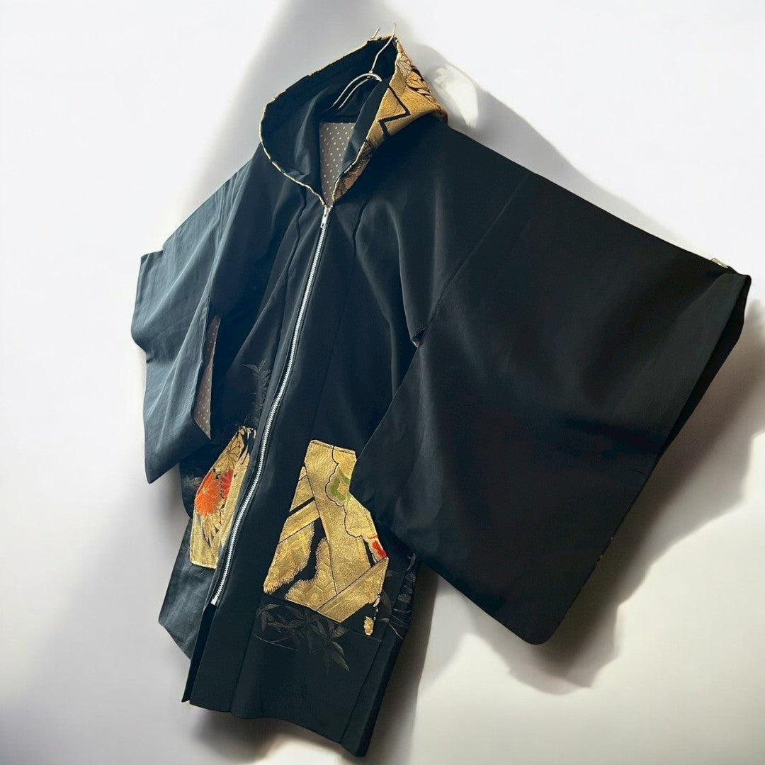 着物フーディ パーカー 帯 黒留袖 リメイク remake メンズ レディース recollect有明ガーデン店 NO.0001