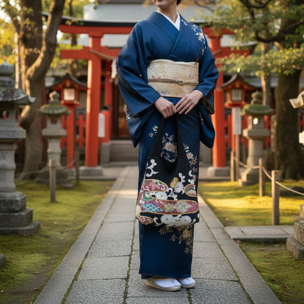 zivun 黒留袖再構築エコバッグ|御所車文様 菊花 金彩 和モダン 一点物 サブバッグ 32×26cm【OLD FLIP】