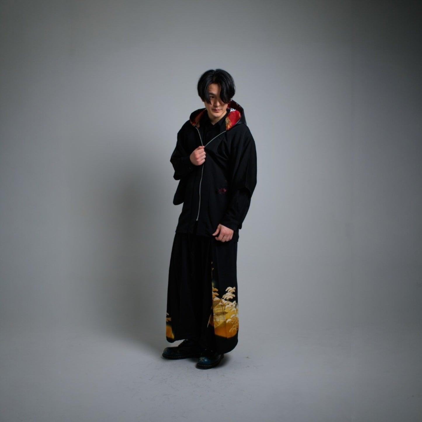 Hoodie Parka Kimono Obi Zip Women's Men's Oversized Remake Kimono Hoodie Black Recollect Ariake Garden Store