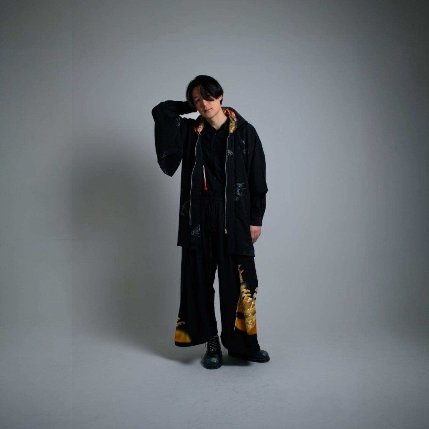 Hoodie Parka Kimono Obi Zip Women's Men's Oversized Remake Kimono Hoodie Black Recollect Ariake Garden Store