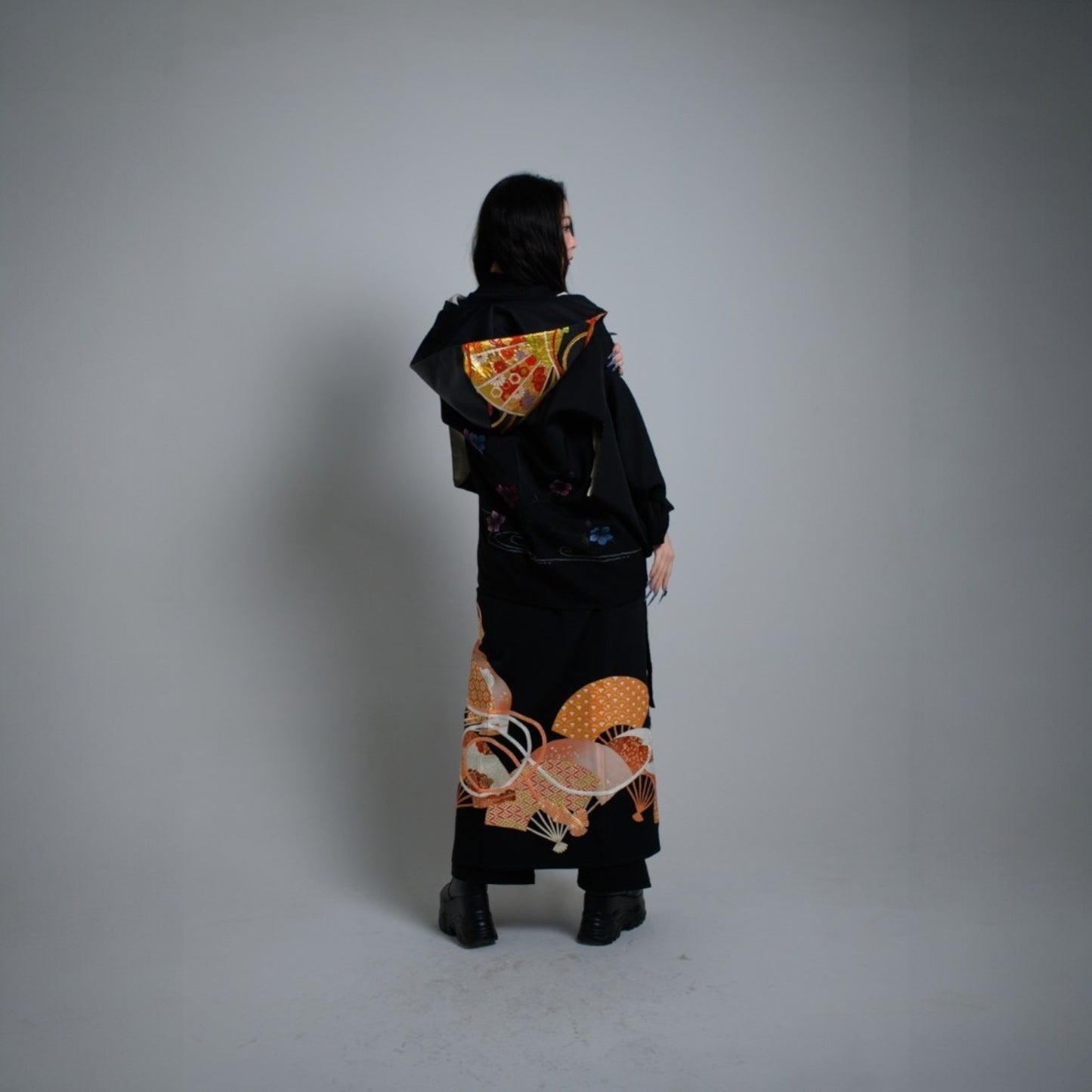 フーディ パーカー 着物 帯 ジップ レディース メンズ オーバーサイズ リメイク remake 着物フーディ2 黒 ブラック recollect有明ガーデン店 NO.0005