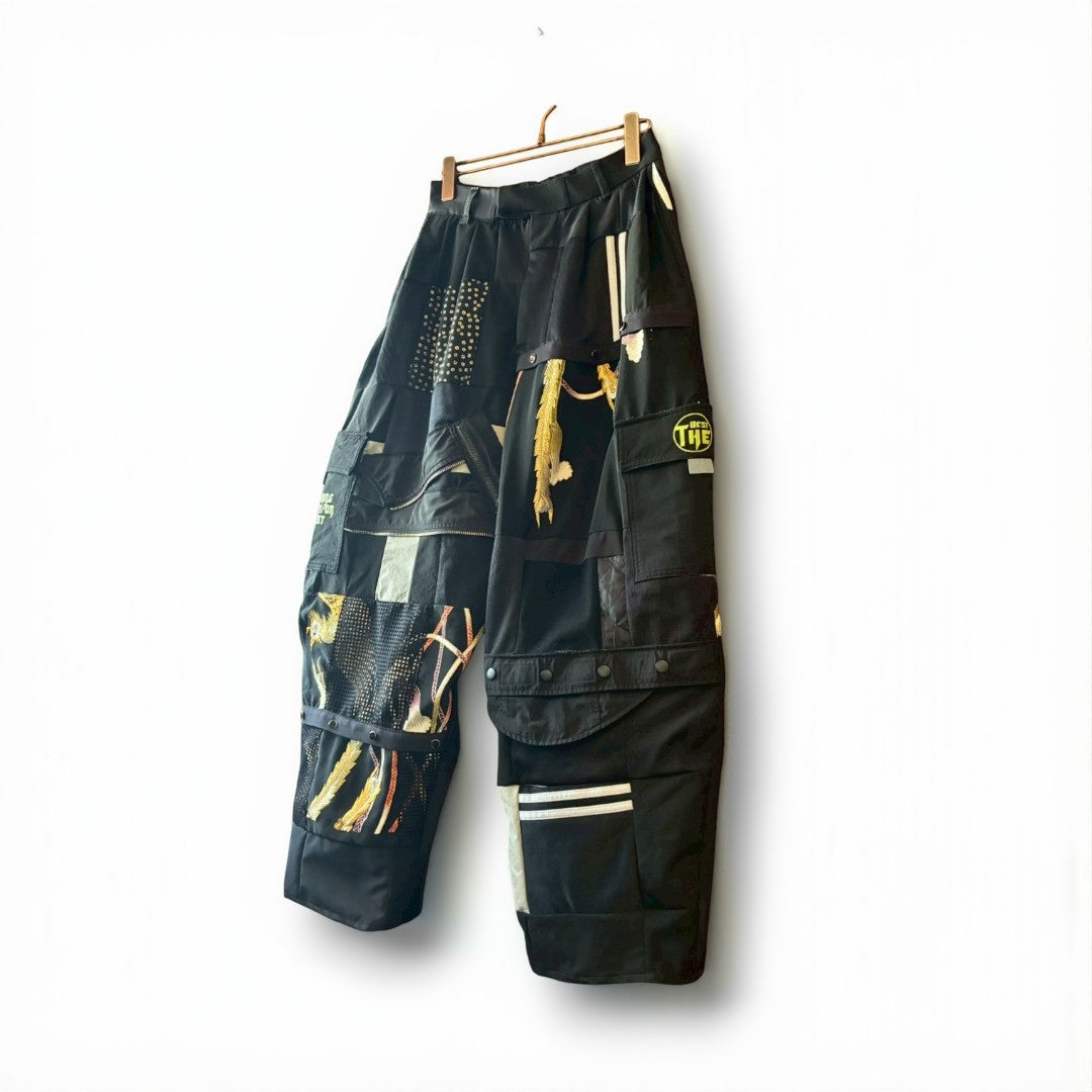 Kurotomesode × Mixed Materials Reconstructed Easy Pants Embroidered Denim & Nylon Mix One-of-a-kind Unisex zivun