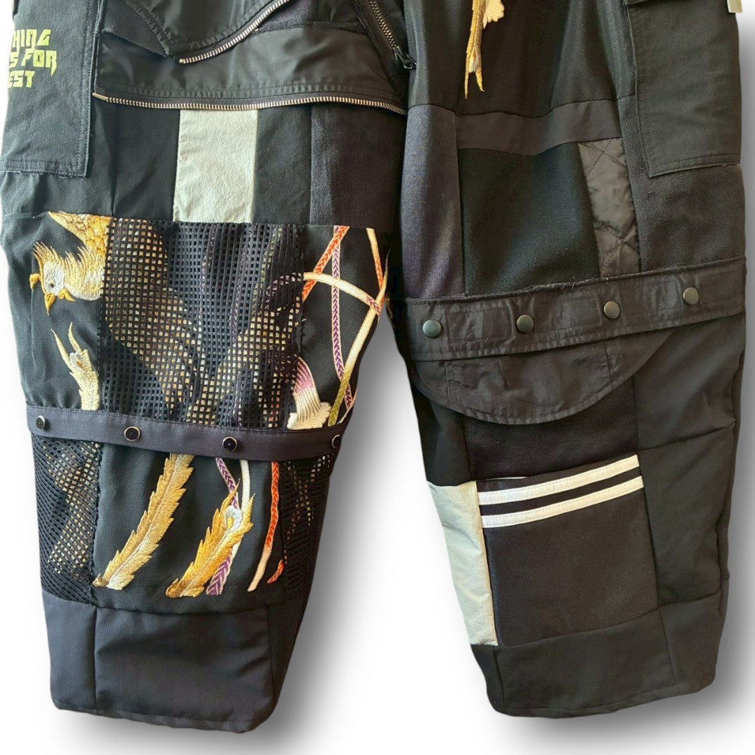 Kurotomesode × Mixed Materials Reconstructed Easy Pants Embroidered Denim & Nylon Mix One-of-a-kind Unisex zivun