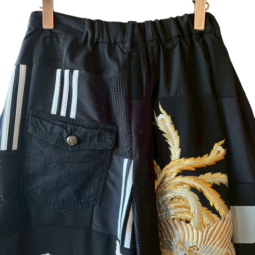 Kurotomesode × Mixed Materials Reconstructed Easy Pants Embroidered Denim & Nylon Mix One-of-a-kind Unisex zivun