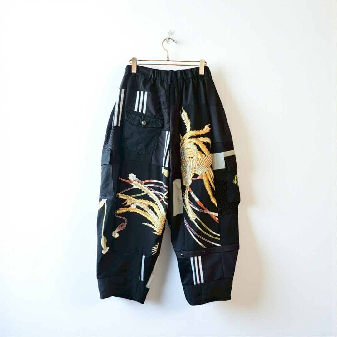 Kurotomesode × Mixed Materials Reconstructed Easy Pants Embroidered Denim & Nylon Mix One-of-a-kind Unisex zivun