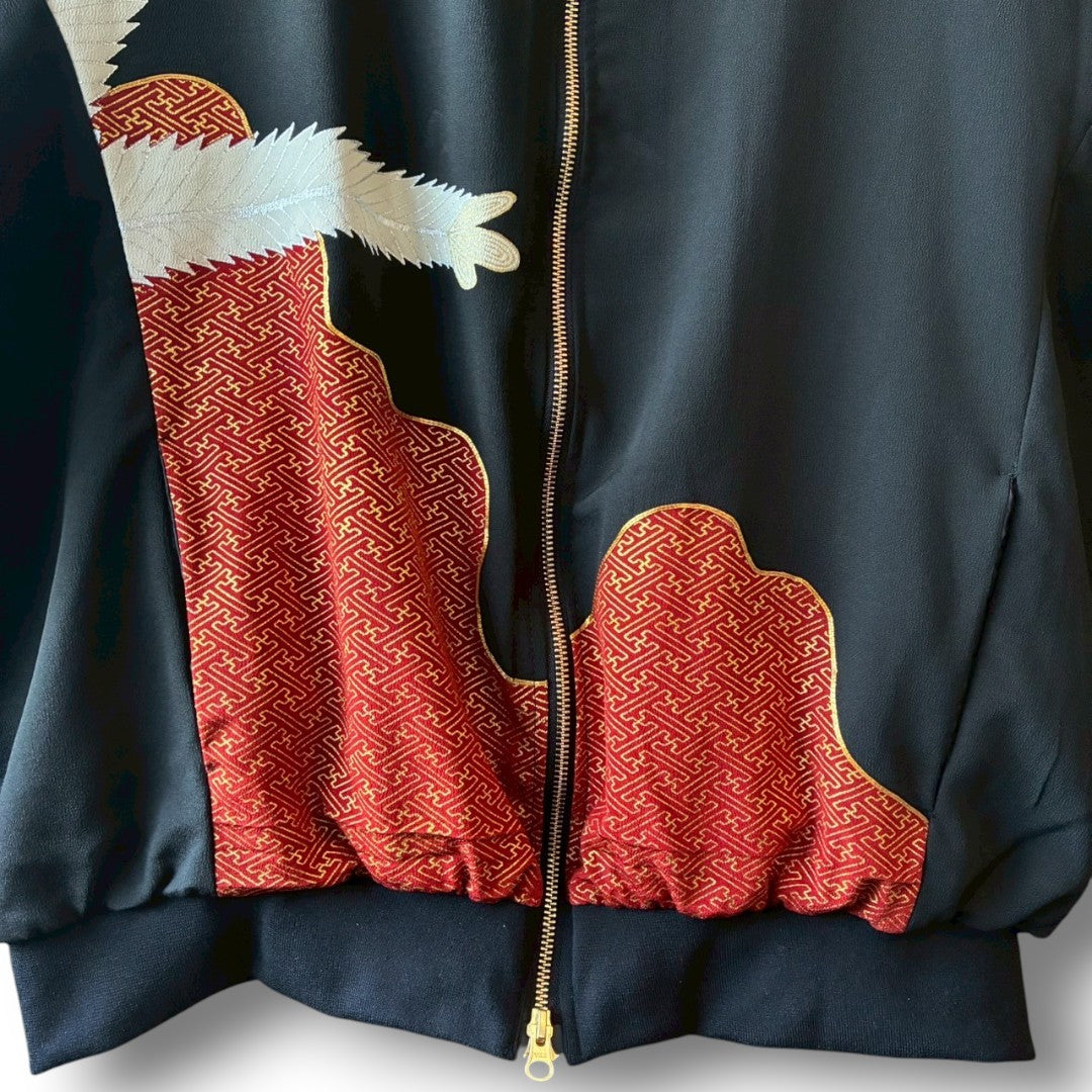 Kurotomesode & Obi Reconstructed Hoodie with Red-Gold Embroidery & Brocade Hood One-of-a-kind Unisex zivun