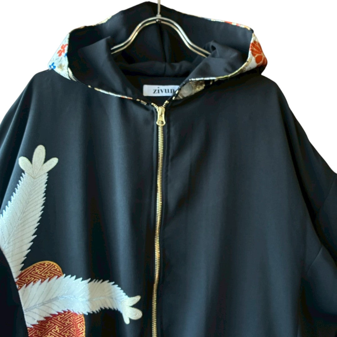 Kurotomesode & Obi Reconstructed Hoodie with Red-Gold Embroidery & Brocade Hood One-of-a-kind Unisex zivun