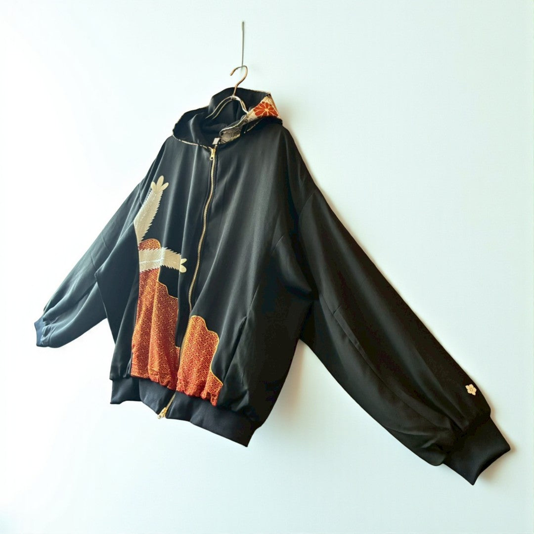 Kurotomesode & Obi Reconstructed Hoodie with Red-Gold Embroidery & Brocade Hood One-of-a-kind Unisex zivun