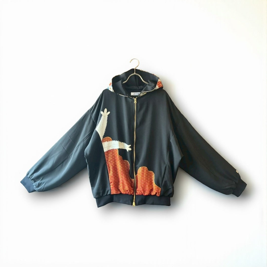 Kurotomesode & Obi Reconstructed Hoodie with Red-Gold Embroidery & Brocade Hood One-of-a-kind Unisex zivun