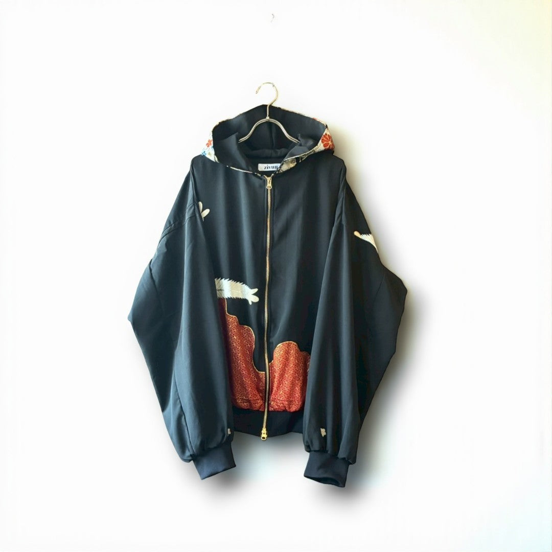 Kurotomesode & Obi Reconstructed Hoodie with Red-Gold Embroidery & Brocade Hood One-of-a-kind Unisex zivun