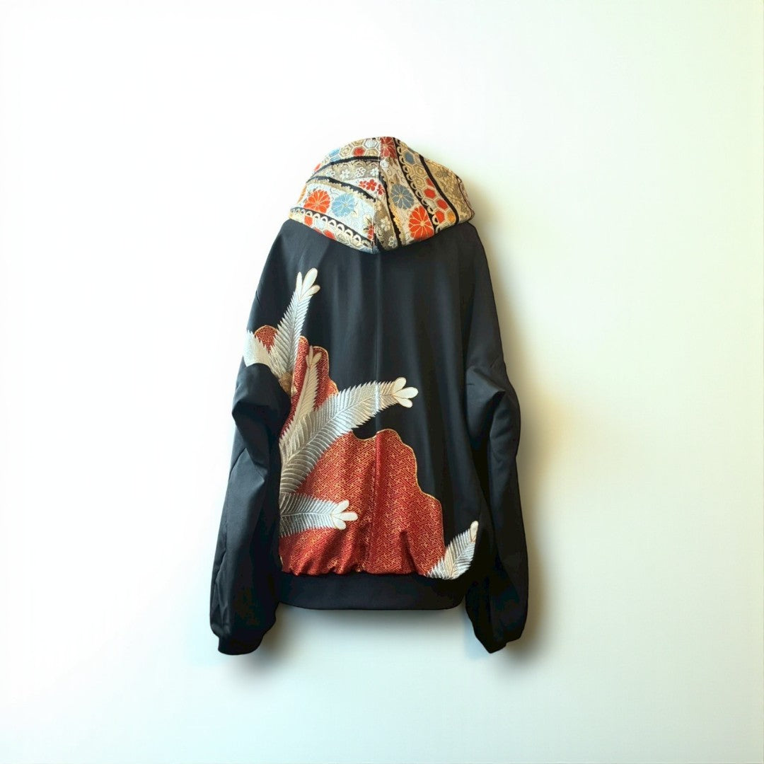 Kurotomesode & Obi Reconstructed Hoodie with Red-Gold Embroidery & Brocade Hood One-of-a-kind Unisex zivun