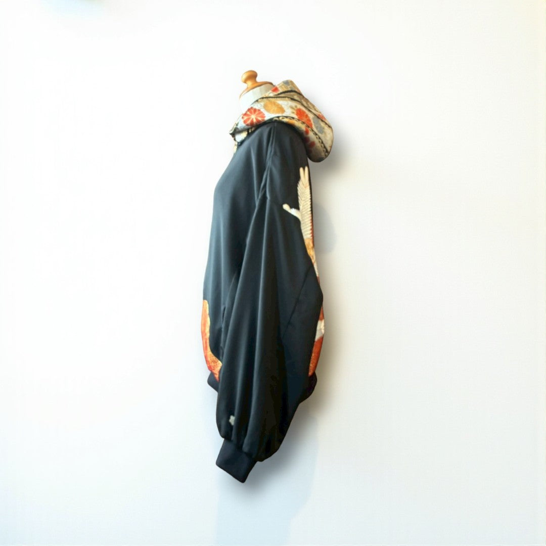 Kurotomesode & Obi Reconstructed Hoodie with Red-Gold Embroidery & Brocade Hood One-of-a-kind Unisex zivun