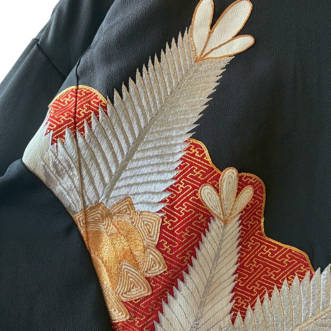 Kurotomesode & Obi Reconstructed Hoodie with Red-Gold Embroidery & Brocade Hood One-of-a-kind Unisex zivun