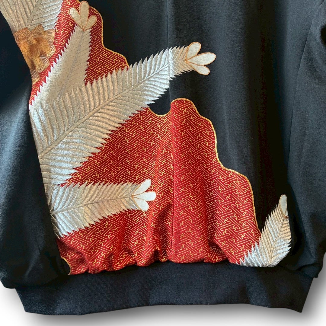 Kurotomesode & Obi Reconstructed Hoodie with Red-Gold Embroidery & Brocade Hood One-of-a-kind Unisex zivun
