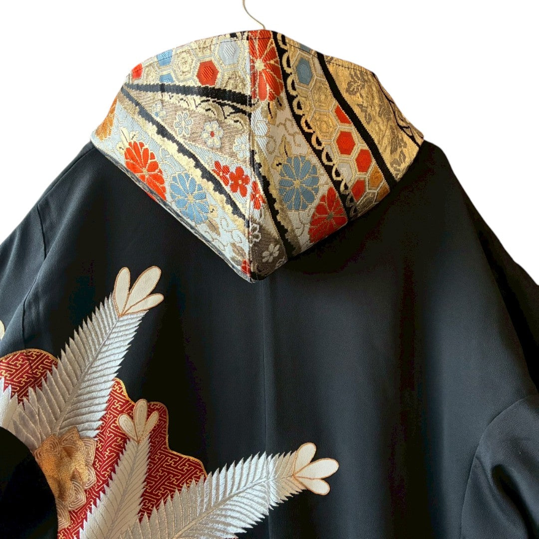 Kurotomesode & Obi Reconstructed Hoodie with Red-Gold Embroidery & Brocade Hood One-of-a-kind Unisex zivun