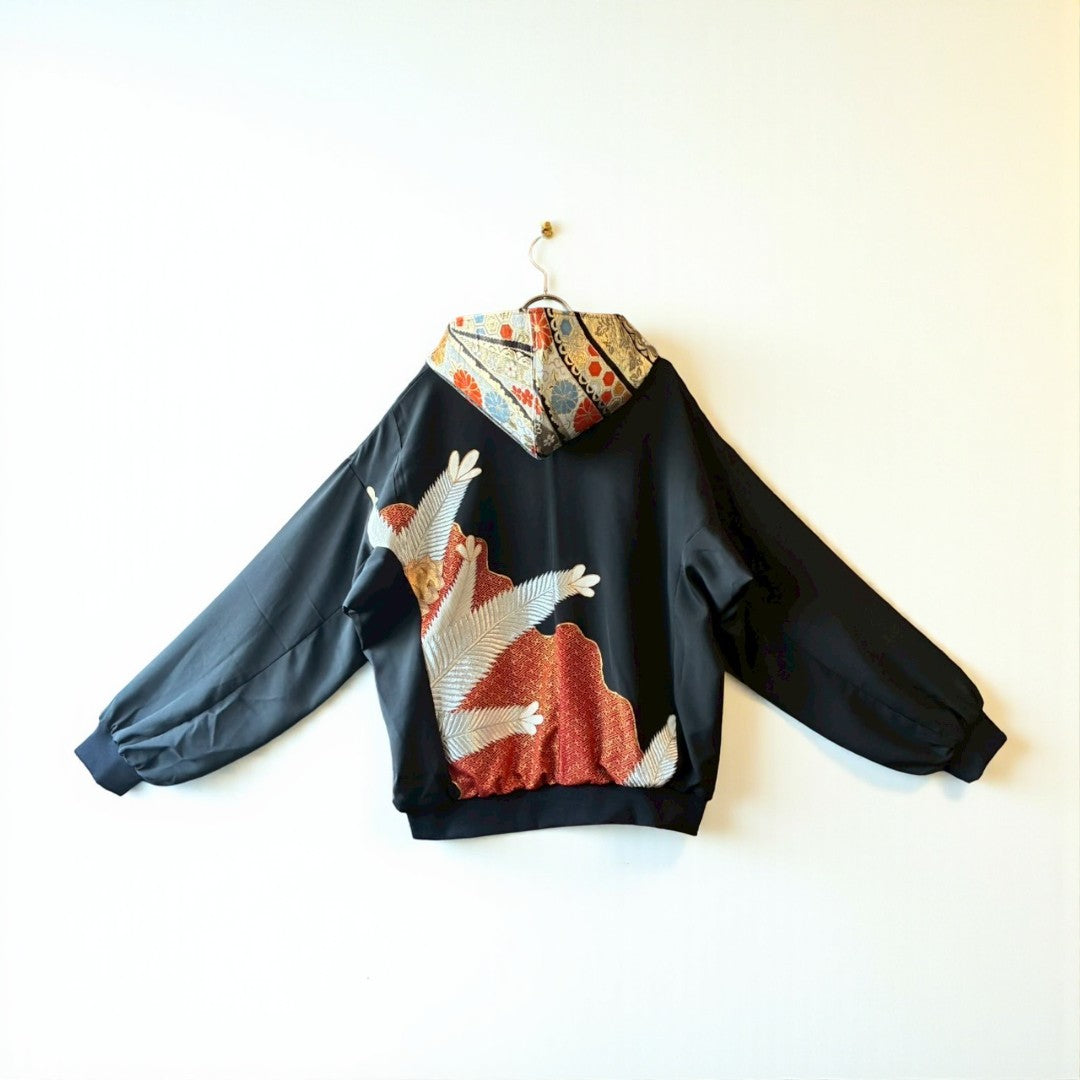 Kurotomesode & Obi Reconstructed Hoodie with Red-Gold Embroidery & Brocade Hood One-of-a-kind Unisex zivun