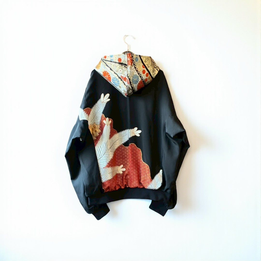 Kurotomesode & Obi Reconstructed Hoodie with Red-Gold Embroidery & Brocade Hood One-of-a-kind Unisex zivun