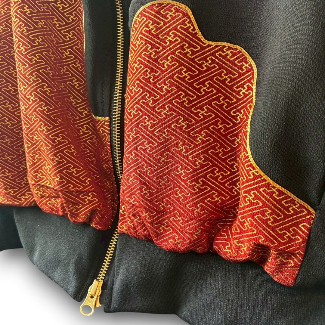 Kurotomesode & Obi Reconstructed Hoodie with Red-Gold Embroidery & Brocade Hood One-of-a-kind Unisex zivun