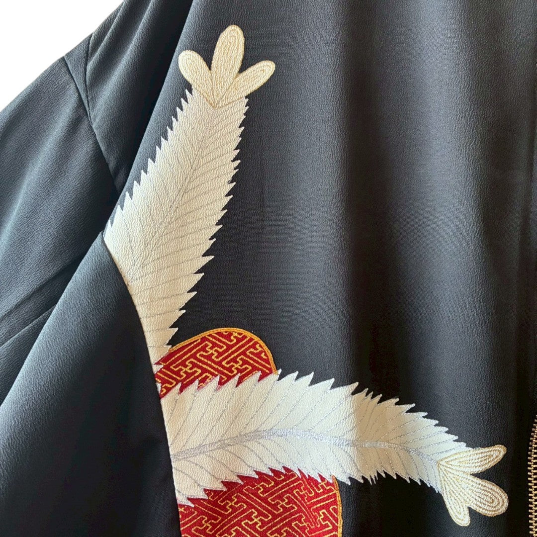 Kurotomesode & Obi Reconstructed Hoodie with Red-Gold Embroidery & Brocade Hood One-of-a-kind Unisex zivun