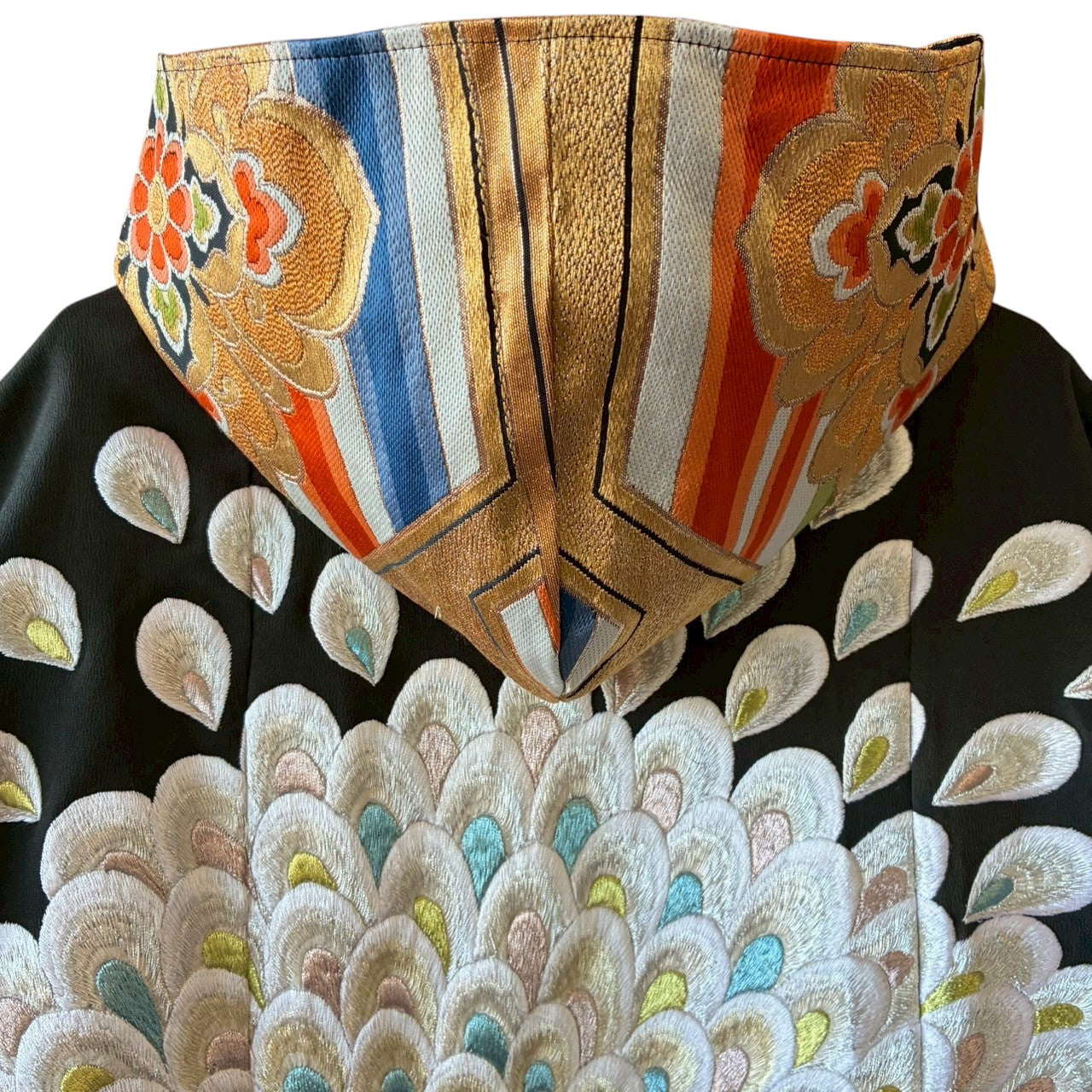 Kurotomesode & Obi Reconstructed Hoodie with Embroidered Peacock One-of-a-kind Unisex zivun
