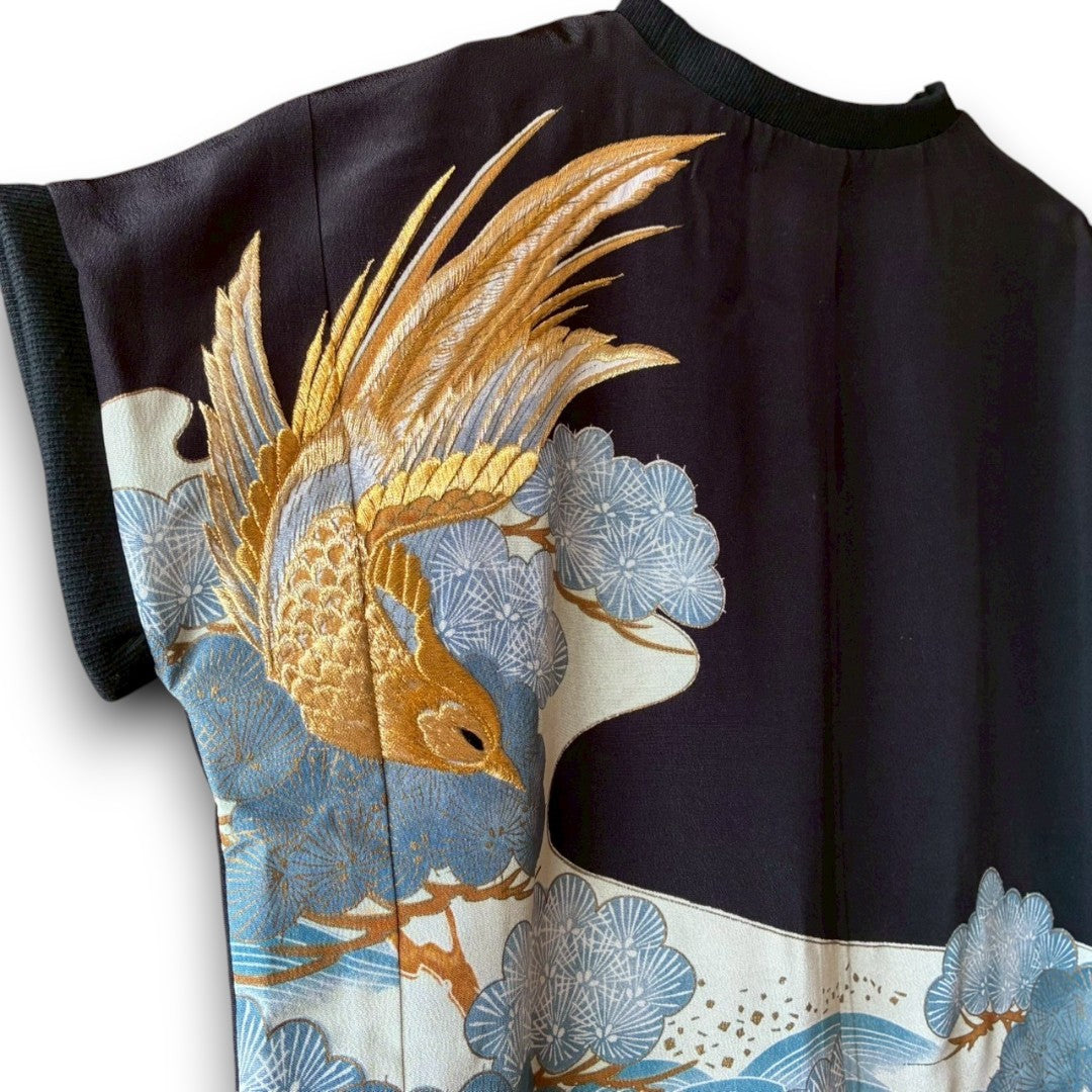 Remake Kimono Top – Phoenix and Pine Embroidery from Kurotomesode