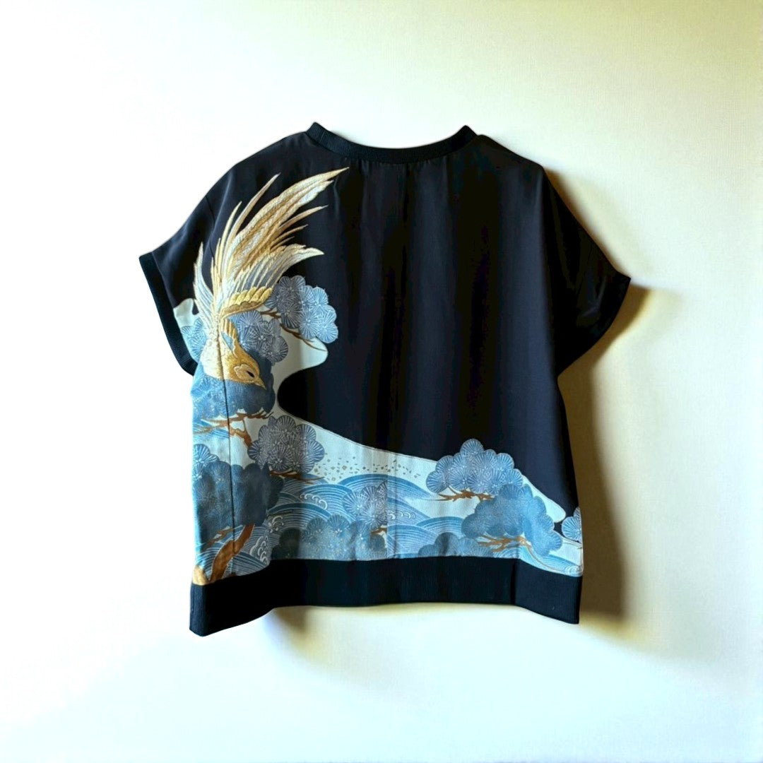 Remake Kimono Top – Phoenix and Pine Embroidery from Kurotomesode