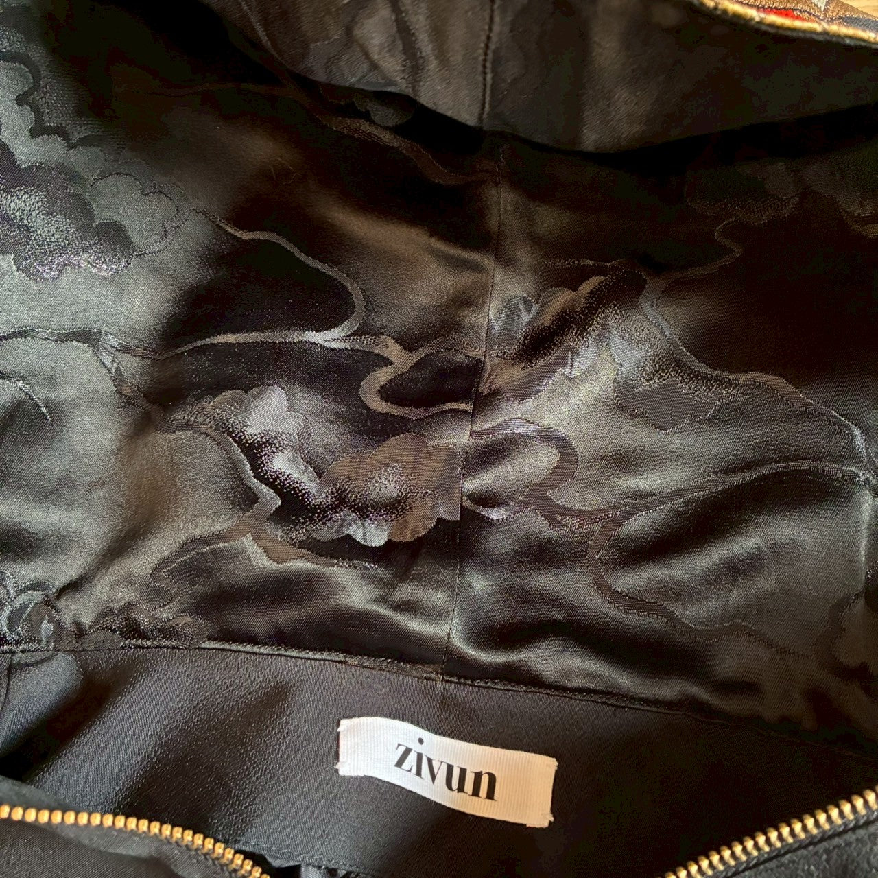 Kurotomesode & Obi Reconstructed Hoodie with Bamboo & Pine Pattern One-of-a-kind Unisex zivun