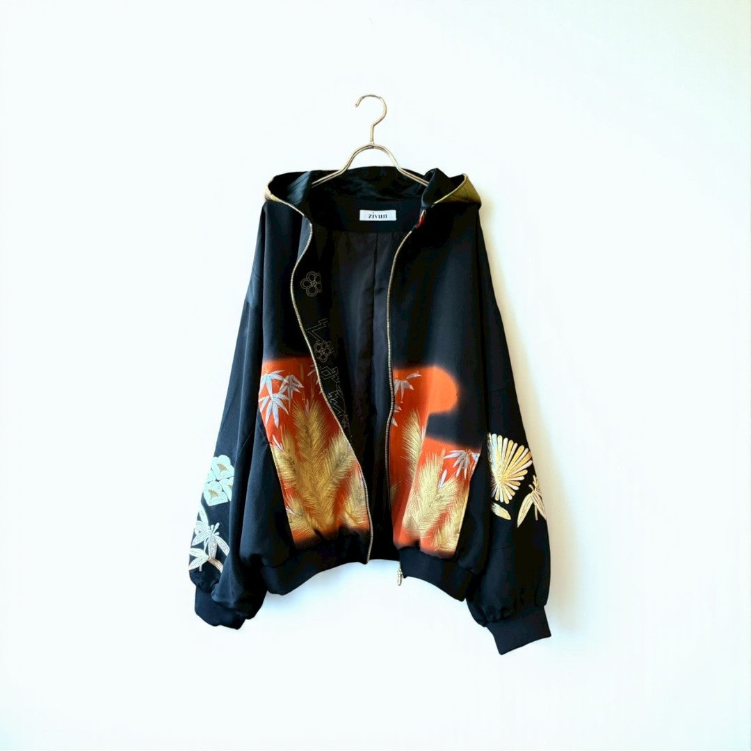Kurotomesode & Obi Reconstructed Hoodie with Bamboo & Pine Pattern One-of-a-kind Unisex zivun