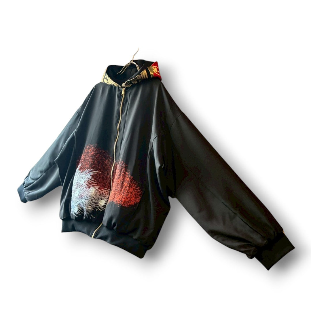 Kurotomesode & Obi Reconstructed Hoodie with Embroidered Peacock & Gold Brocade Hood One-of-a-kind Unisex zivun