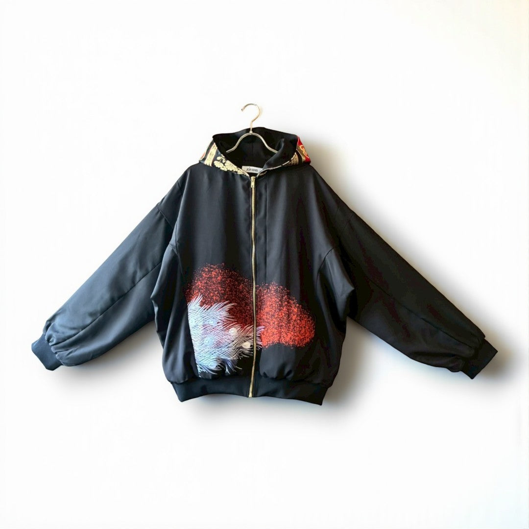 Kurotomesode & Obi Reconstructed Hoodie with Embroidered Peacock & Gold Brocade Hood One-of-a-kind Unisex zivun