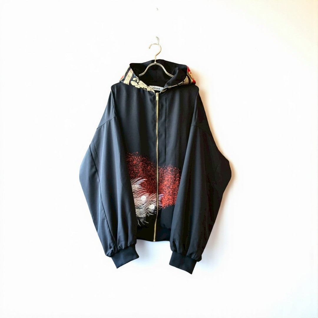 Kurotomesode & Obi Reconstructed Hoodie with Embroidered Peacock & Gold Brocade Hood One-of-a-kind Unisex zivun