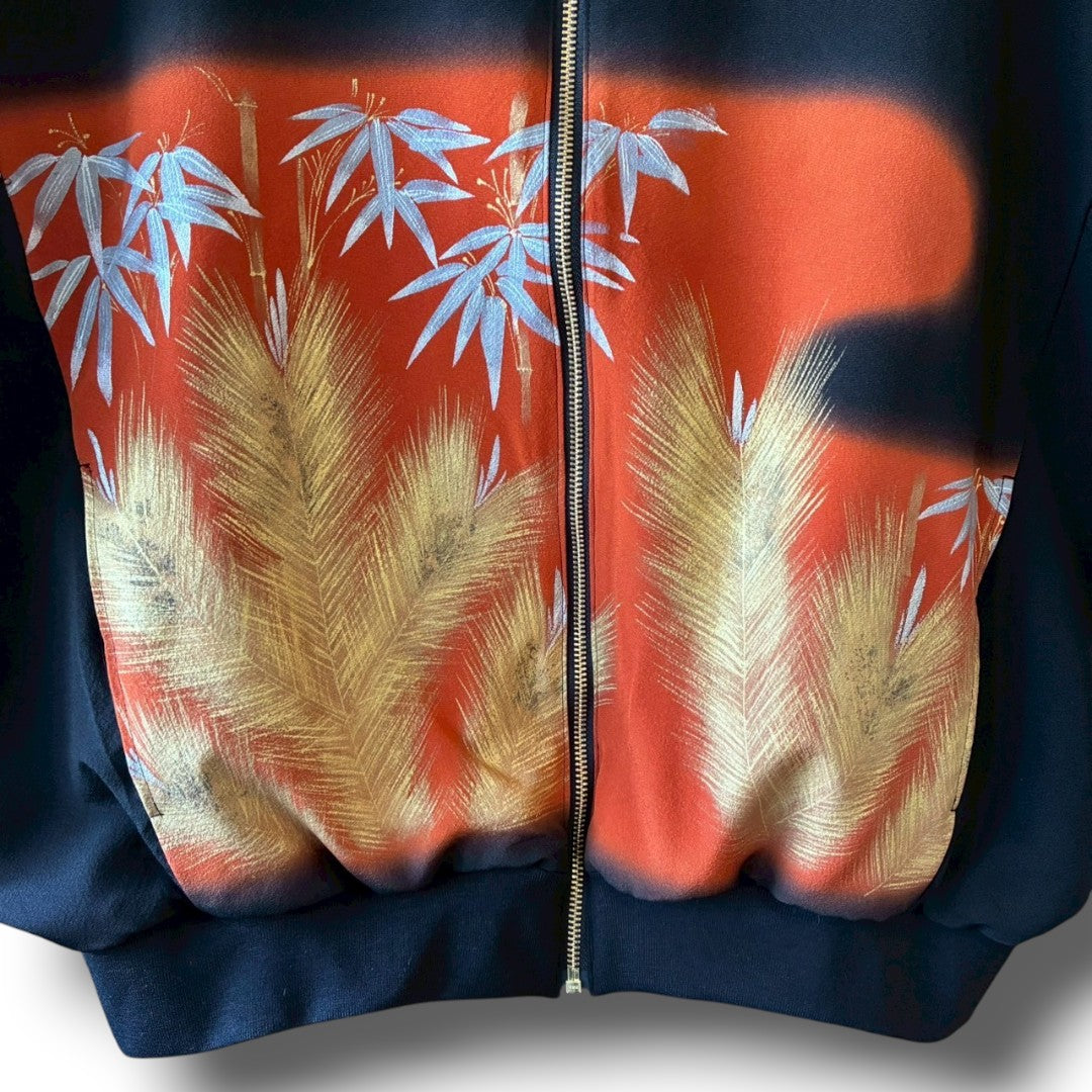 Kurotomesode & Obi Reconstructed Hoodie with Bamboo & Pine Pattern One-of-a-kind Unisex zivun