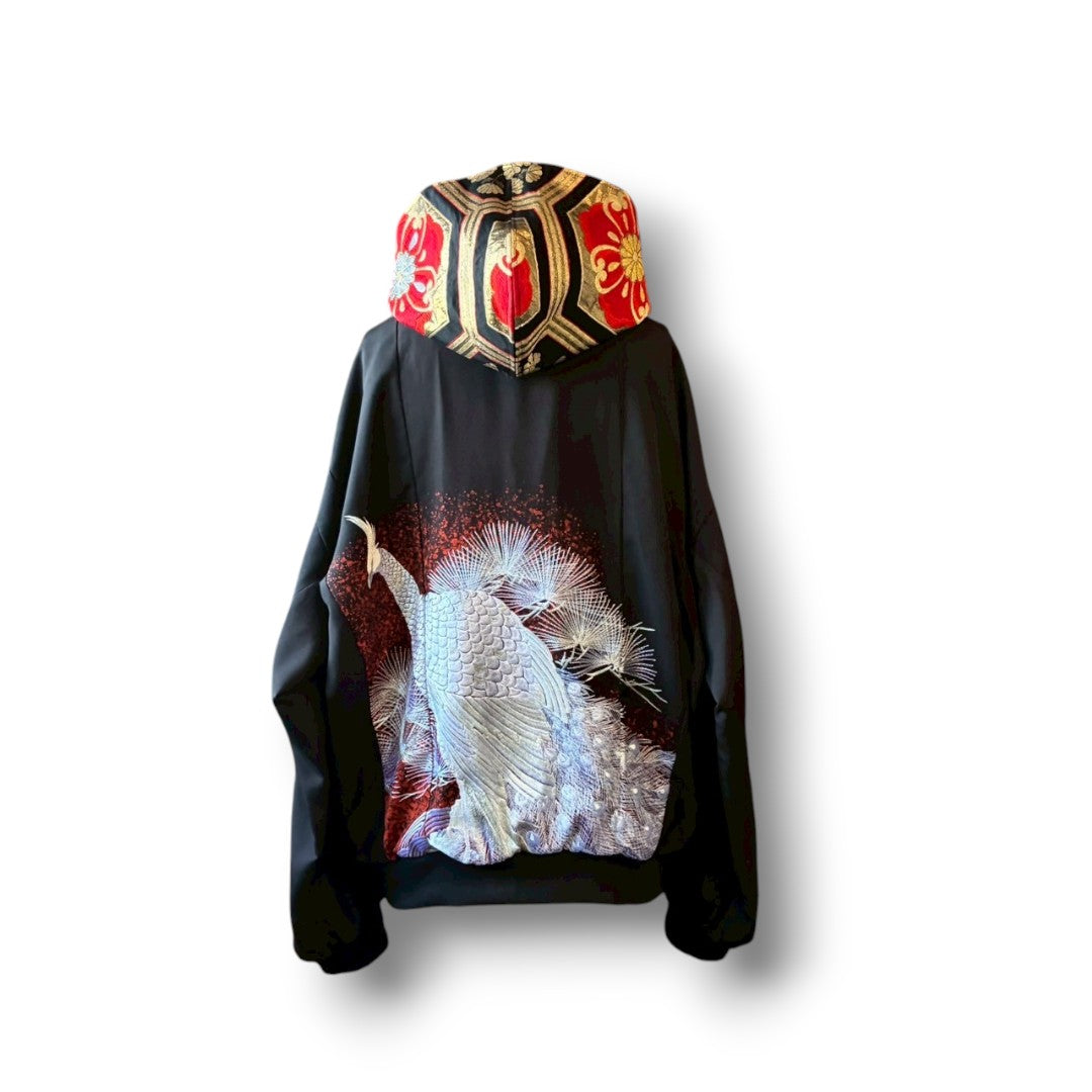 Kurotomesode & Obi Reconstructed Hoodie with Embroidered Peacock & Gold Brocade Hood One-of-a-kind Unisex zivun
