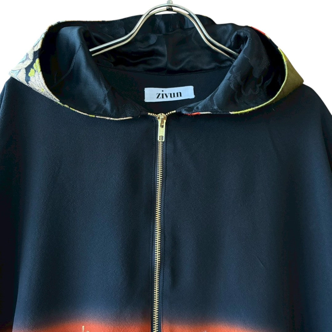 Kurotomesode & Obi Reconstructed Hoodie with Bamboo & Pine Pattern One-of-a-kind Unisex zivun