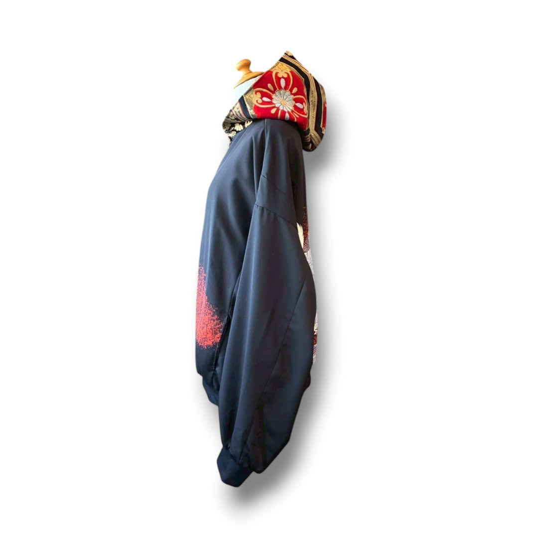 Kurotomesode & Obi Reconstructed Hoodie with Embroidered Peacock & Gold Brocade Hood One-of-a-kind Unisex zivun