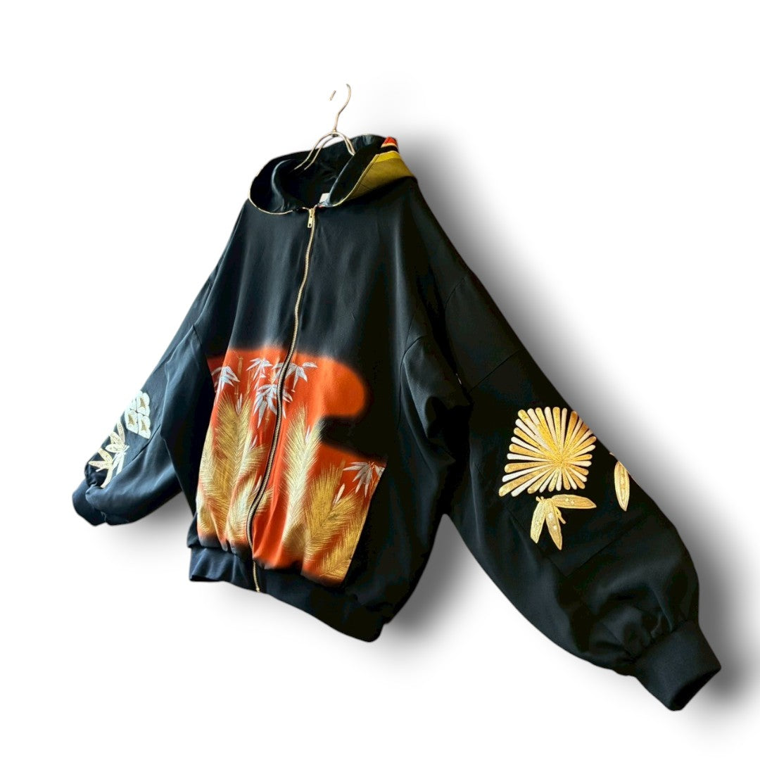 Kurotomesode & Obi Reconstructed Hoodie with Bamboo & Pine Pattern One-of-a-kind Unisex zivun