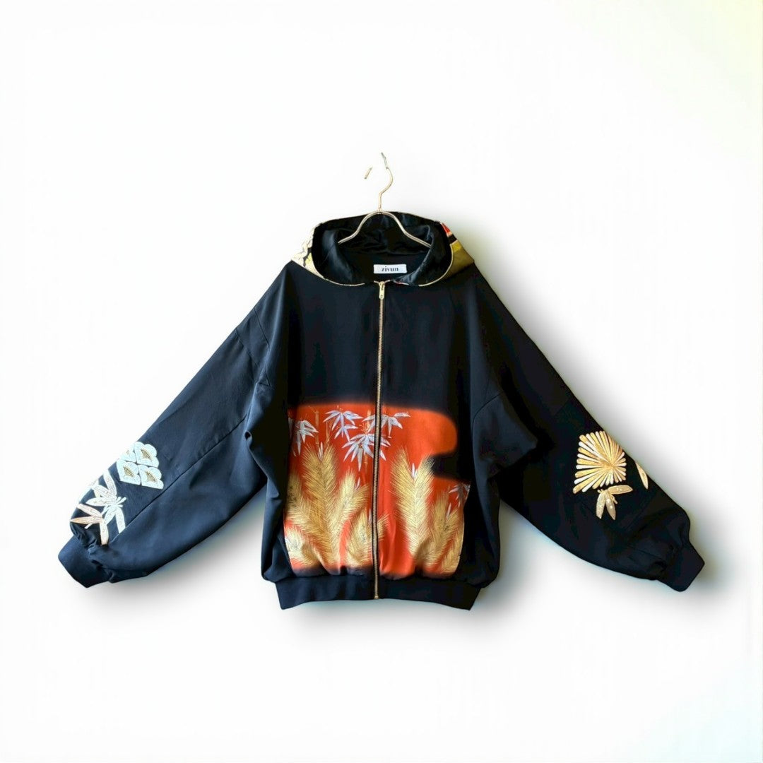 Kurotomesode & Obi Reconstructed Hoodie with Bamboo & Pine Pattern One-of-a-kind Unisex zivun
