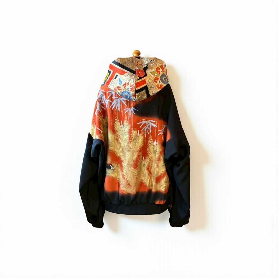 Kurotomesode & Obi Reconstructed Hoodie with Bamboo & Pine Pattern One-of-a-kind Unisex zivun
