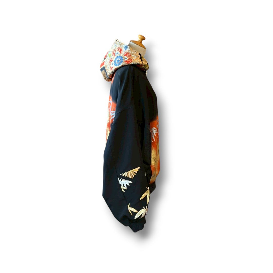 Kurotomesode & Obi Reconstructed Hoodie with Bamboo & Pine Pattern One-of-a-kind Unisex zivun