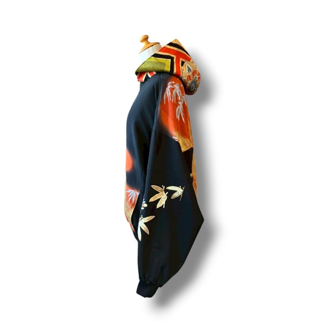 Kurotomesode & Obi Reconstructed Hoodie with Bamboo & Pine Pattern One-of-a-kind Unisex zivun