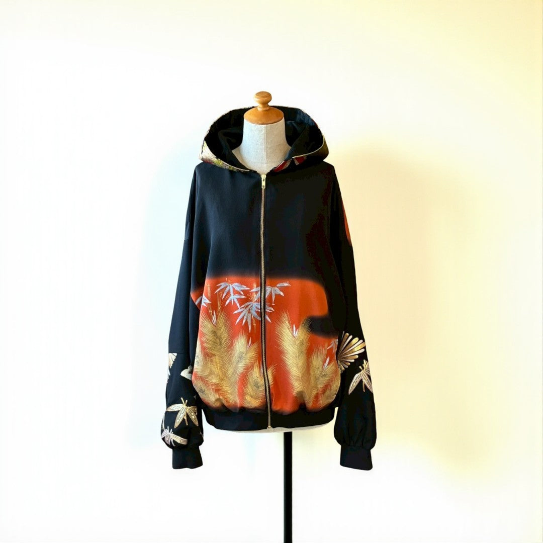 Kurotomesode & Obi Reconstructed Hoodie with Bamboo & Pine Pattern One-of-a-kind Unisex zivun