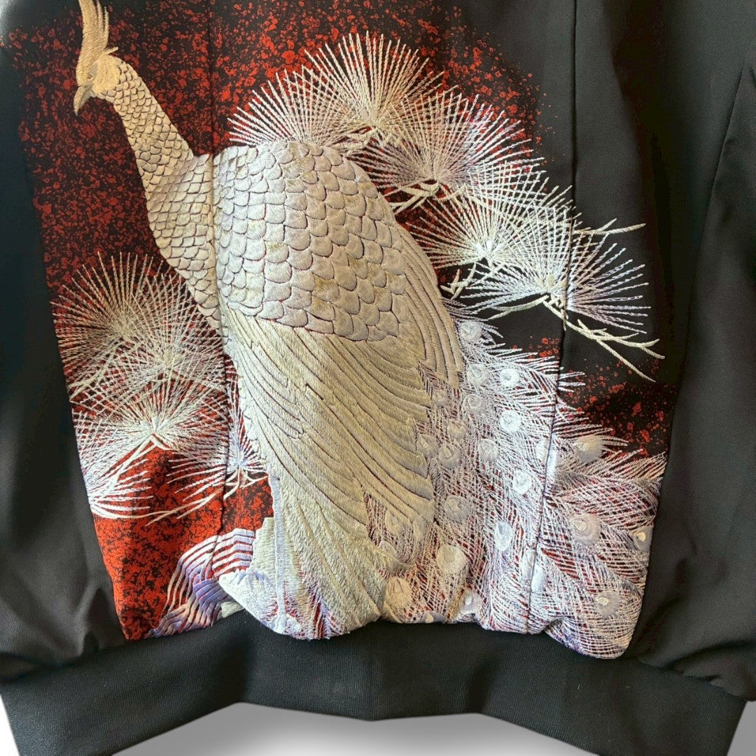 Kurotomesode & Obi Reconstructed Hoodie with Embroidered Peacock & Gold Brocade Hood One-of-a-kind Unisex zivun