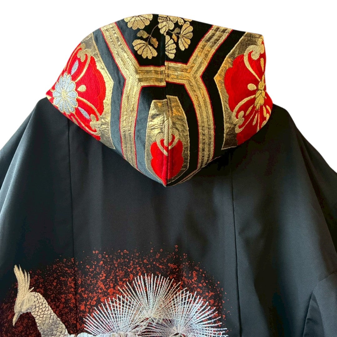 Kurotomesode & Obi Reconstructed Hoodie with Embroidered Peacock & Gold Brocade Hood One-of-a-kind Unisex zivun